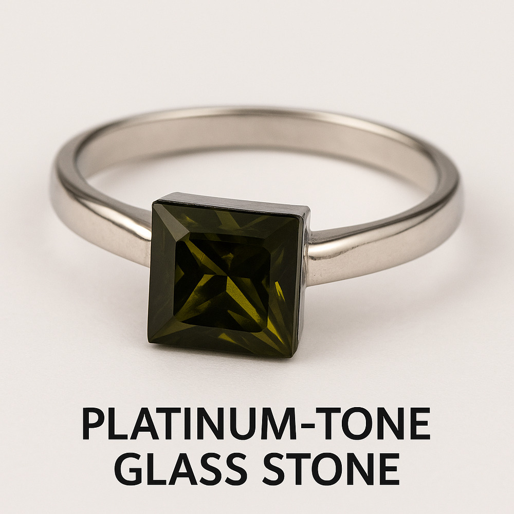 Vintage Platinum-Tone Olive Green Glass Solitaire Ring